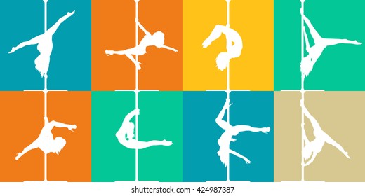 Flat style pole dance and pole fitness icons. Vector silhouettes of female pole dancers.