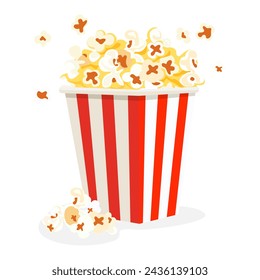 Flat style popcorn box. Popcorn is a staple snack for watching a film. Isolated on a white background. Vector image