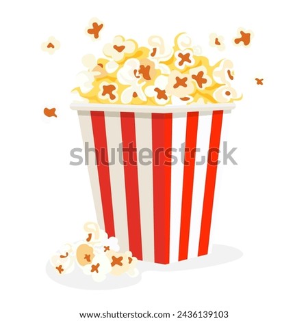 Flat style popcorn box. Popcorn is a staple snack for watching a film. Isolated on a white background. Vector image
