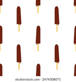 Flat style popsicle with chocolate topping on stick vector seamless pattern