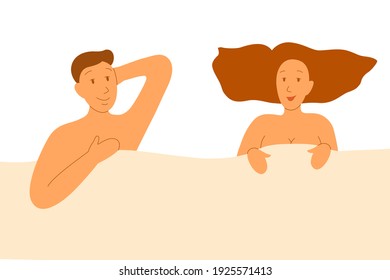 Flaches Porträt. Doppelbett im Bett. Nackter Mann und Frau unter der Decke. 