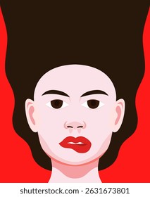 Flat style portrait of a woman with red lips and big hair on red background