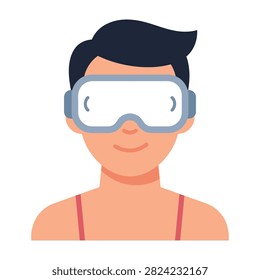 A flat style portrait of a young man wearing clear swimming goggles. The minimalist design represents water sports, pool training, recreation, and summer fitness.