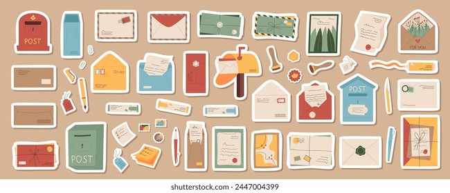 Flat style postal office sticker pack set, postcard and mailbox patch design, cartoon handwritten letter and open envelope badge template, creative paper post card and trendy craft stamp illustration