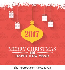 Flat Style Postcard with Happy New Year Celebration Design. Greeting Card Design, Vector Hanging Christmas Elements Red Colors Background or Flyer, Poster, Web Banner Template