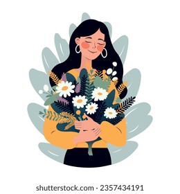 Flat style postcard. Nice young woman with a beautiful bouquet of fresh flowers. Flat style postcard.