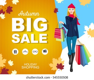 Flat style poster autumn Big sale with icons. Shopping woman