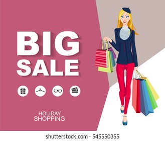 Flat style poster Big sale with icons. Shopping woman model. 