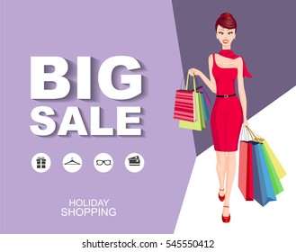 Flat style poster Big sale with icons. Shopping woman model