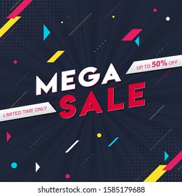Flat Style Poster Design with 50% Discount Offer and Geometric Elements Decorated on Blue Rays Background for Mega Sale.