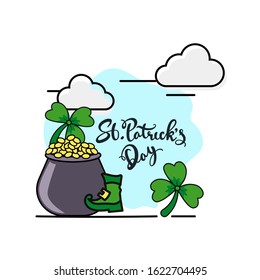 Flat Style Poster Design with Coins Pot, Leprechaun Shoes and Shamrock Leaves on Cloud Abstract Background for St. Patrick's Day.