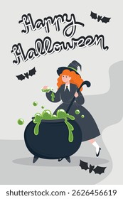 Flat Style Poster Featuring an Evil Laughing Witch and a Boiling Cauldron, Perfect for Halloween Party Invitations. Happy Halloween. 