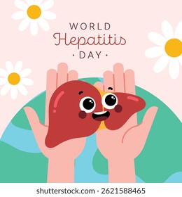 Flat style poster layout for World Hepatitis Day featuring an open hand gesture representing awareness, compassion, and the importance of giving support to others.