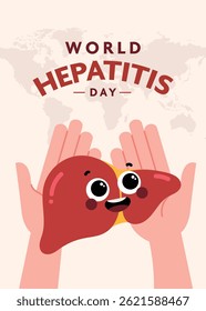 Flat style poster layout for World Hepatitis Day featuring an open hand gesture representing awareness, compassion, and the importance of giving support to others.