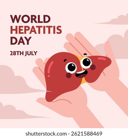Flat style poster layout for World Hepatitis Day featuring an open hand gesture representing awareness, compassion, and the importance of giving support to others.