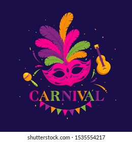 Flat style poster or template design with colorful party mask, guitar and maracas on blue background for Carnival Party.
