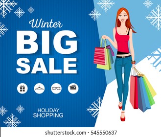 Flat style poster winter Big sale with icons. Shopping woman model