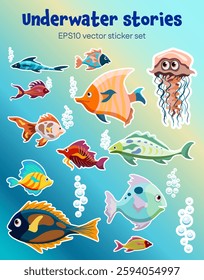 Flat style printable sticker set with colorful fish and sea animals illustration