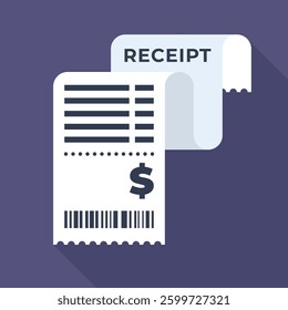 Flat Style Printed Receipt Icon with Dollar Symbol and Barcode on Dark Background Vector Illustration