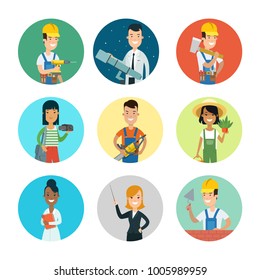 Flat style professional people character profile avatar userpic vector icon set. Professions builder, driller, doctor, florist farmer, scientist telescope, teacher, gardener, carpenter, photographer