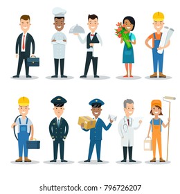 Flat style professional people character design vector icon set. Professions policeman cop, medic doctor, gardener, businessman, plumber, chief cooker, builder engineer, postman, cleaner, florist