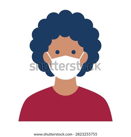 A flat style profile icon of a person with curly hair wearing a white medical mask. Ideal for health awareness, pandemic safety, and public hygiene messaging.