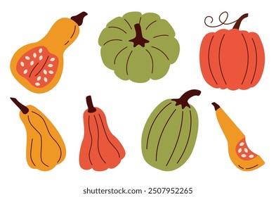 Flat style pumpkin set with colorful autumn gourds and squash. Perfect for fall-themed designs, illustrations, or seasonal decor. Add a touch of autumn to any creative project.