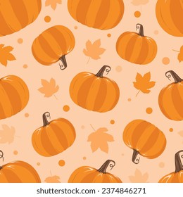 Flat style pumpkins and leaves seamless pattern design minimal style pumpkins texture with autumn leaves repeatable and printable pumpkin texture. Halloween and Holiday and Pumpkin Concept Design.
