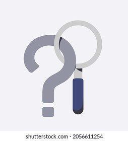 Marca de interrogación de estilo plano e icono de la lupa aislado sobre fondo gris claro. Concepto de problema y solución, Q y A, símbolo de búsqueda, pregunta y respuesta. Ilustración vectorial plana.