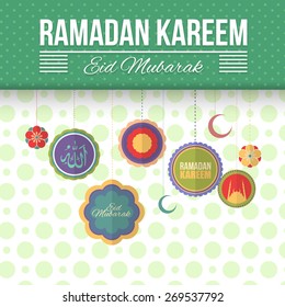 Flat Style Ramadan Kareem Background. Arabic Text "Eid Mubarak", "be Blessed" at English 