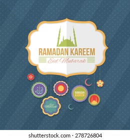 Flat Style Ramadan Kareem Background. Arabic Text "Eid Mubarak", "be Blessed" at English 