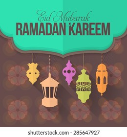 Flat Style Ramadan Kareem Background Hanging Lambs, Lanterns.. Arabic Text "Eid Mubarak", "be Blessed" at English 