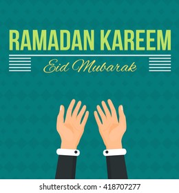 Flat Style Ramadan Kareem Greeting Card Illustration - Islamic Holy Month Theme Design Background, Praying Hands - Arabic "Eid Mubarak" "be Blessed" at English