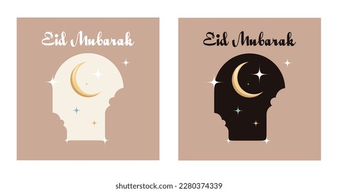 Flat style Ramadan Mubarak greeting cards with moon and stars. Eid Mubarak