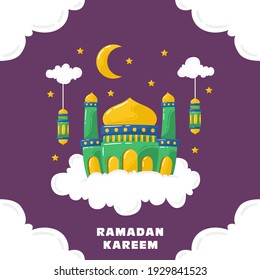 Flat Style Ramadan Vector Illustration, Islamic Background With Mosque Building Design on Cloud and Hanging Lanterns
