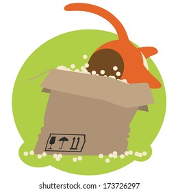 flat style red cartoon cat in big paper box. vector EPS 8.