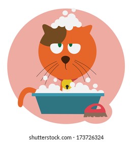 flat style red cartoon cat washing. vector EPS 8.