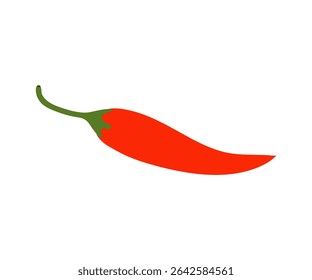 Flat style red chili pepper with green stem. Simple vegetable illustration perfect for food icons, spicy recipe designs, and kitchen decor.