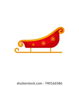 Flat style red and gold colored Santa sleigh, Christmas icon, greeting card element, vector illustration on white background. Santa sleigh, flat style Christmas icon, decoration element