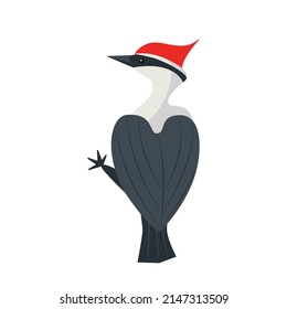 Flat style red head woodpecker bird. Hand drawn vector illustration