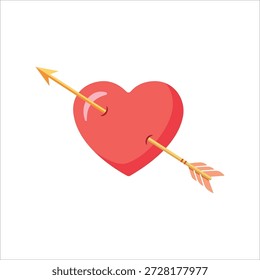 Estilo plano Corazón rojo perforado por flecha de oro Ilustración romántica