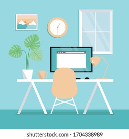 Flat style remote working from home office in blue work space vector