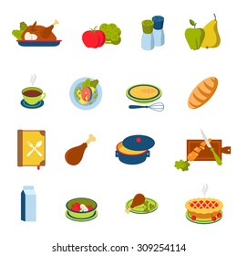 Flat style restaurant fast street food cafe cooking icon set. Menu eat dinner lunch chicken egg turkey tomato apple pear fish steak carrot salt pie dessert web infographic icons collection.