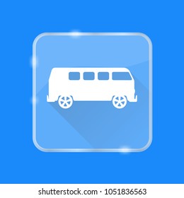 Flat style retro minivan car silhouette icon with long shadow. Camper bus symbol on transparent square button