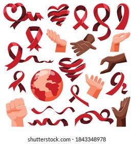 Flat Style Ribbon Collection Set and Hand Gestures Object Icon For HIV AIDS Day
