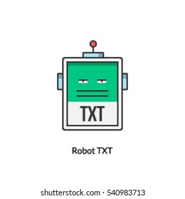 Icono de archivo Robot TXT de estilo plano, Concepto de protocolos para bots de motores de búsqueda aislados en fondo blanco
