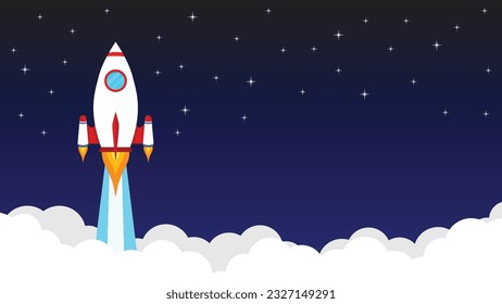 Flat style rocket launch in the night sky flying over clouds. Space ship in smoke clouds. Business and Start up with copy space concept template