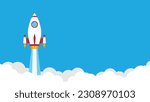 Flat style rocket launch in the sky flying over clouds. Space ship in smoke clouds. Business and Start up with copy space concept template