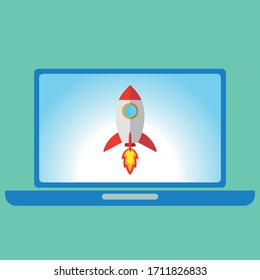 Flat style. The rocket on the side of the screen laptop takes off. Isollated on green