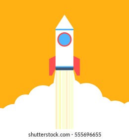 Flat style rocket rising on orange background